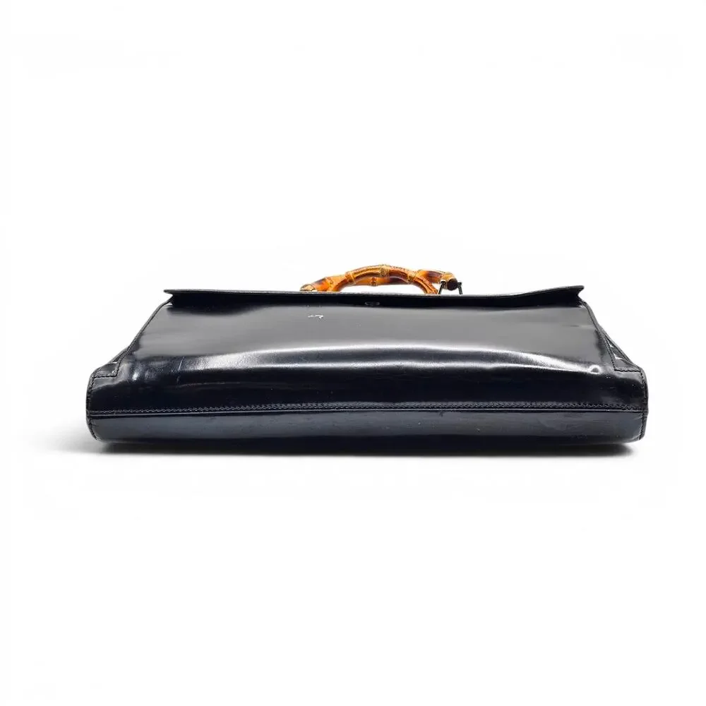 Gucci Vintage Bamboo Top-Handle Briefcase Attache Black Patent Leather